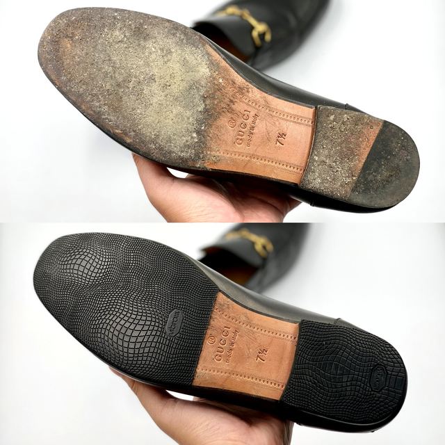 Gucci loafers: worn sole, Vibram protector